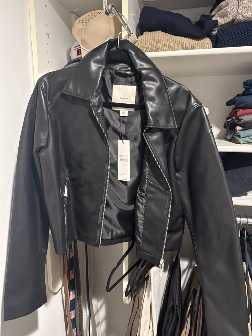 Calvin Klein Faux Leather Moto Jacket Size L Black NWT